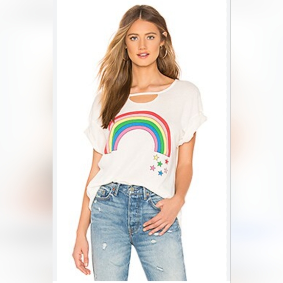 Wildfox Revolve Rainbow Stars Rivo Vintage Lace Distressed Short Sleeve Tee - Picture 1 of 7